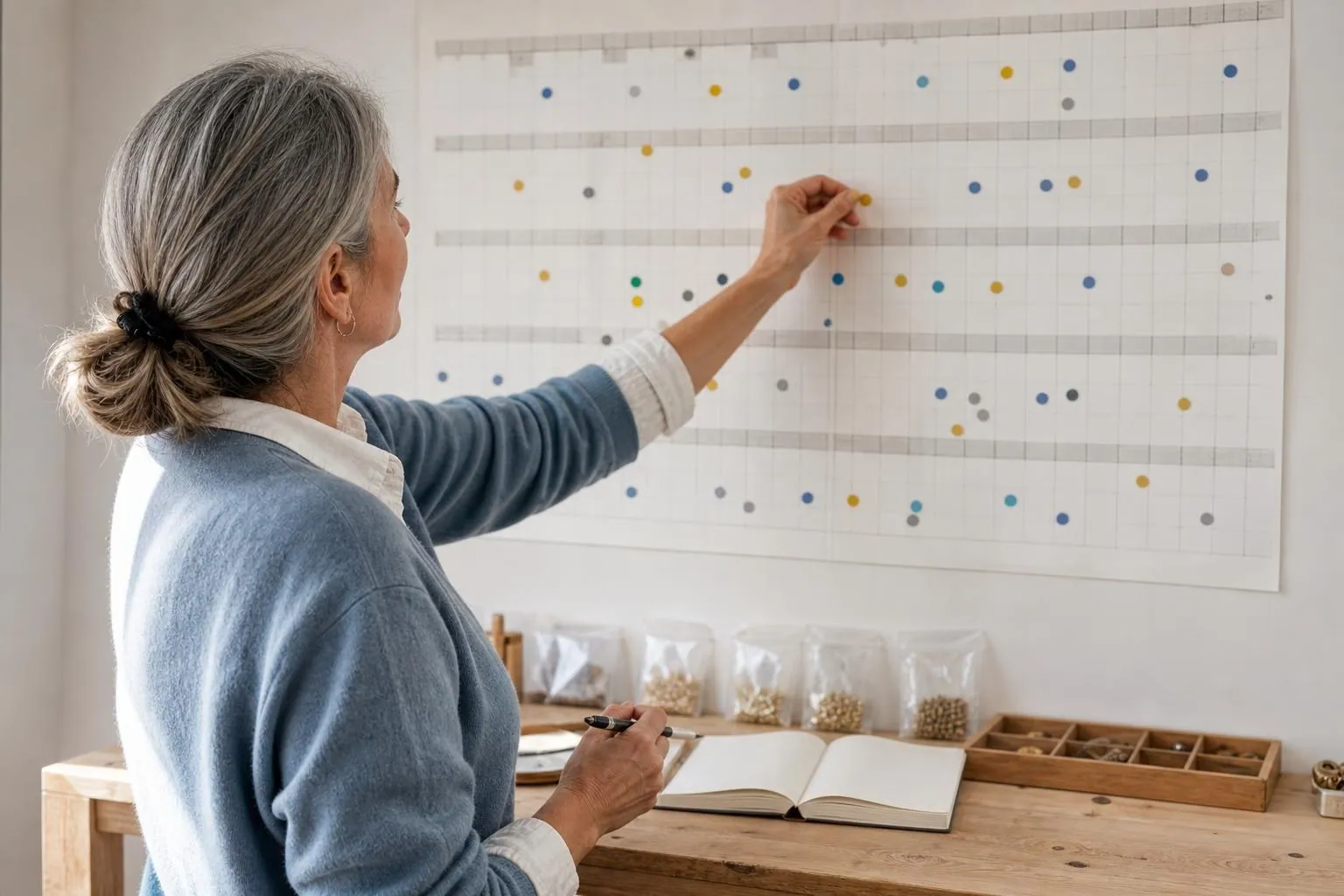 Créatrice annotant un calendrier mural papier au dessus d’une table d’atelier où sont posés des sachets d’apprêts