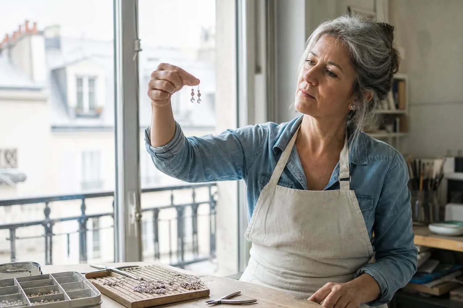 Créatrice de bijoux fantaisie d’une cinquantaine d’années tenant une paire de boucles d’oreilles à la lumière de la fenêtre de son atelier