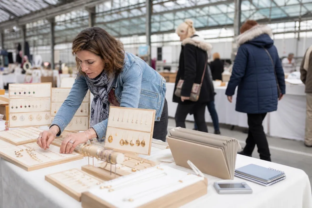 Créatrice installant son stand de bijoux fantaisie sur un marché de créateurs couvert, présentoirs de boucles et de bracelets sur une nappe claire